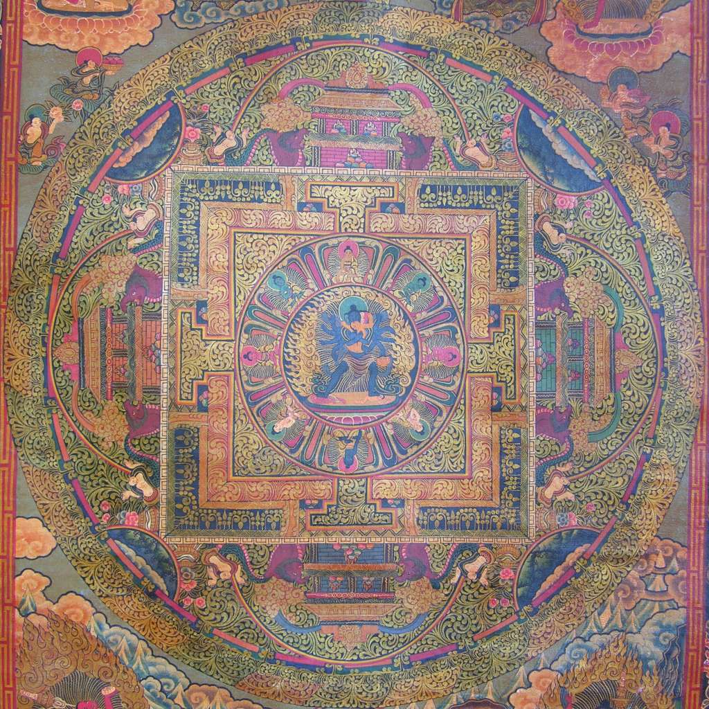 08-1 Chakrasamvara Mandala Painting A mandala, meaning circle, is a graphic, geometric representation of the universe with a deity's palace at the centre used to support meditation. Usually a mandala takes the shape of an elaborate 4-gated city where the practitioner enters, approaching the centre to achieve a state of mystical unity with Buddha. Each object in the palace has significance, representing some aspect of wisdom or reminding the meditator of some guiding principle. The Kalachakra Mandala, Avalokiteshvara Mandala, and Chakramsamvara Mandala are some of the most common mandalas.